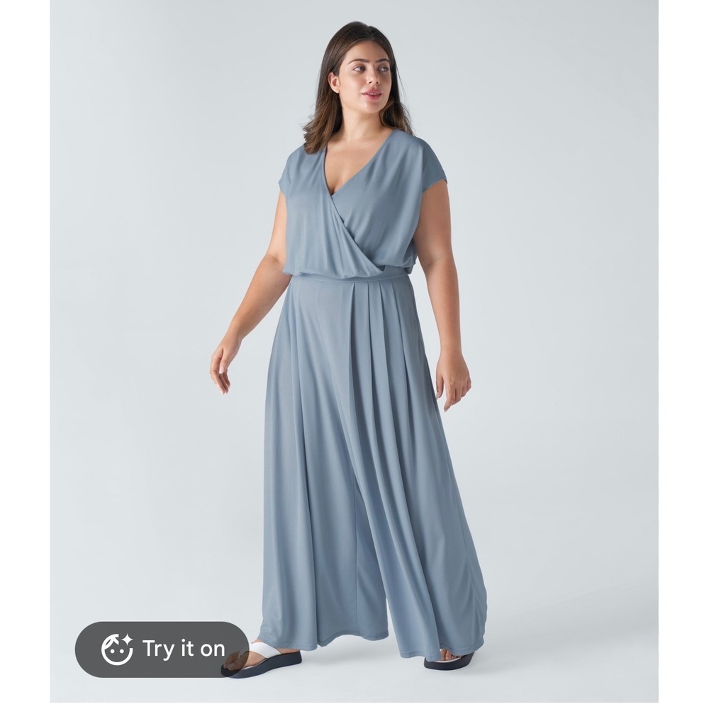 Halara Ribbed V Neck Wrap Wide Leg Jumpsuit Blue Size M Pleated Surplice Bodice